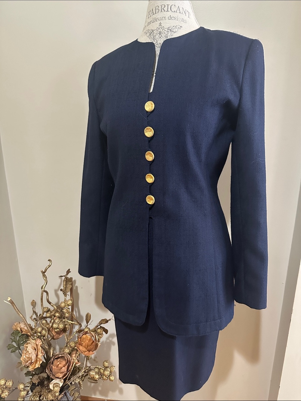Casual Corner Navy Women's Tailored Suit with Gold Buttons